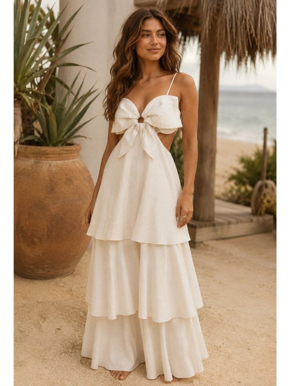 Farm Rio Off-White Flower Maxi Dress size S Small Flower Bandeau Tiered Skirt